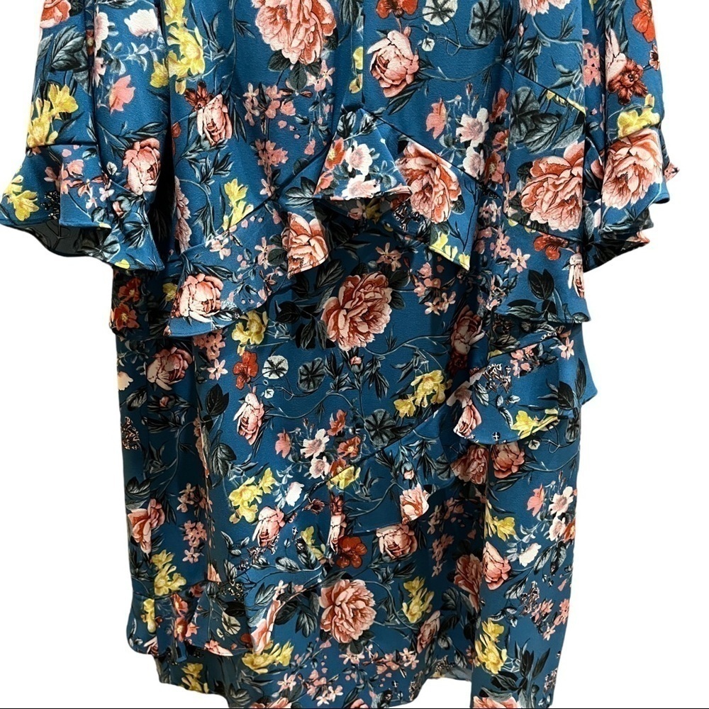 Laundry by Shelli Segal Teal Blue Floral Print Asymmetrical Ruffled Dress Sz 18W - Picture 4 of 10